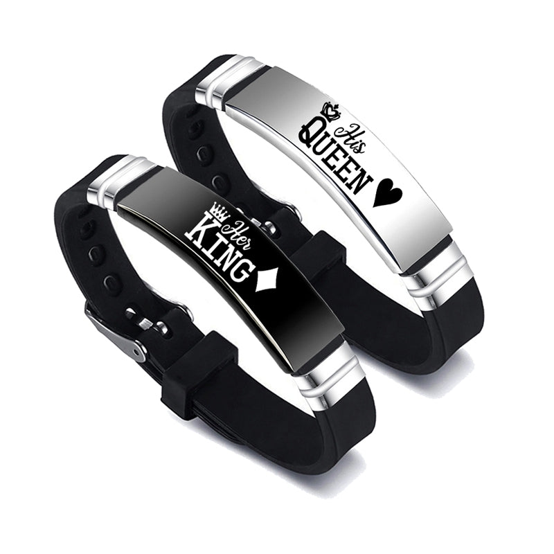 Her Queen/His King Couple Bracelets -Black Silver