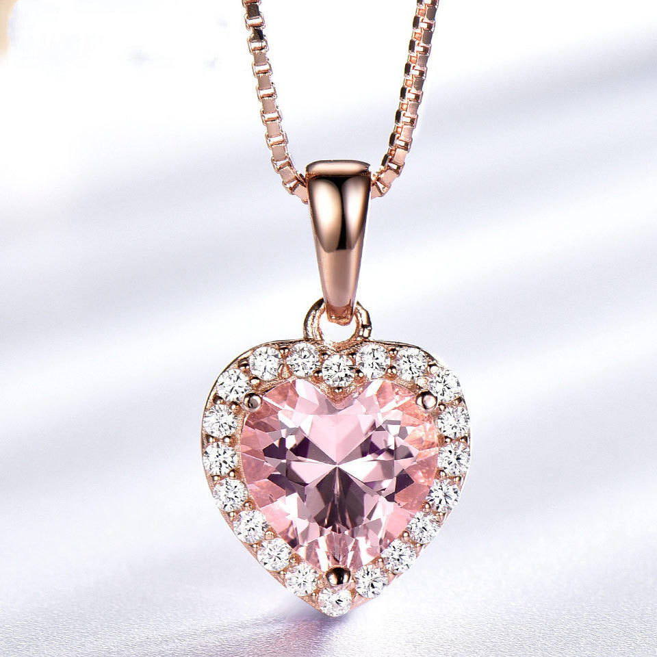 925 Sterling Silver Pendant Womens Fashion Rose  Morganite Charm Heart Pendant