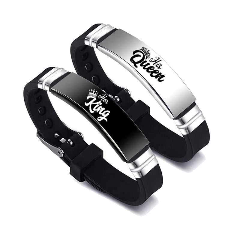 Her Queen/His King Couple Bracelets -Black Silver