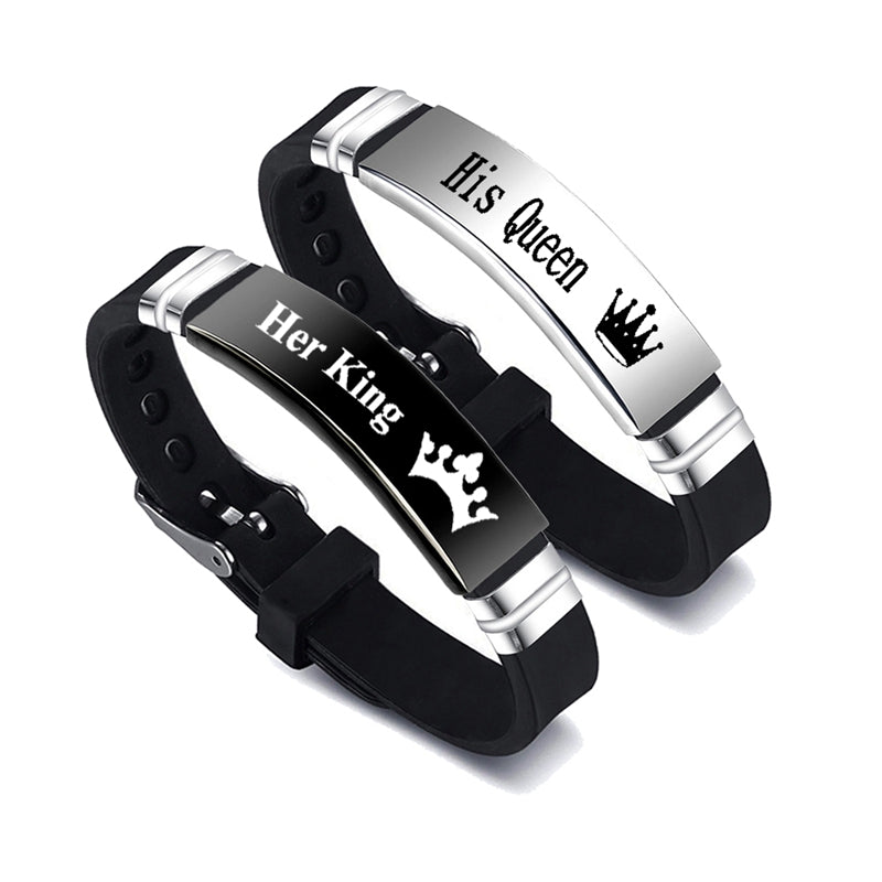 Her Queen/His King Couple Bracelets -Black Silver