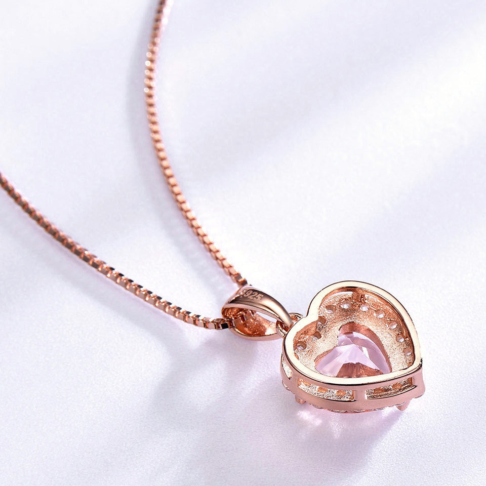 925 Sterling Silver Pendant Womens Fashion Rose  Morganite Charm Heart Pendant